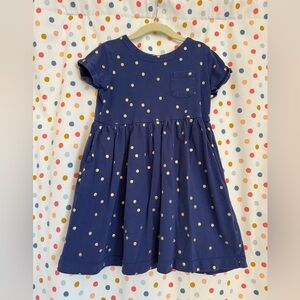 Mini Boden party dress size 6-7 blue gold polka dots short sleeve with pocket
